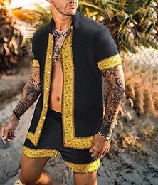 levne -Pánské Květinový 2ks Sady košil Havajská košile Krátký rukáv Krátké kalhoty Přehnutý Módní Havajské Na běžné nošení Venkovní Dovolená Plážové 3D tisk Tlačítko dolů Léto Jaro Zlatá + černá Černá Žlutá