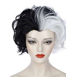 economico -parrucca gotica cruella deville parrucca cosplay parrucche in bianco e nero per le donne parrucca di capelli corti ricci ondulati bob carino parrucche sintetiche per il partito parrucche di halloween
