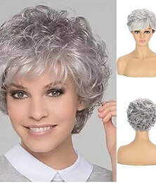 economico -parrucche grigie per donna momy parrucche corte grigio argento ondulate e ricce per donna taglio pixie grigio a strati con frangia parrucche sintetiche per donna parrucca corta in capelli sintetici
