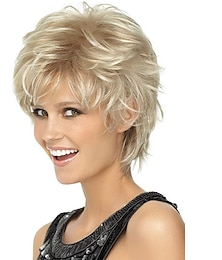 abordables -Perruques blondes courtes omber blonde perruque coupe lutin pour les femmes perruque synthétique de vrais cheveux naturels ondulés avec une frange