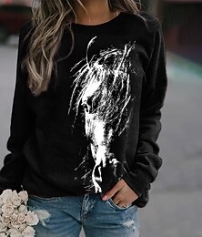 abordables -Sudadera de mujer con estampado de caballo para uso diario, ropa de calle activa, cuello redondo, manga larga, sin forro, microelástico, caída&amp;Tejido suave, transpirable y cómodo para el invierno.