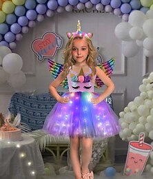 Недорогие -детское светящееся платье-пачка с единорогом для девочек, выступление на день рождения, сетчатое лоскутное шитье с рюшами, фиолетовое, радужное, светло-голубое, хлопковое, выше колена, костюм без рукавов, милые платья, осень-лето