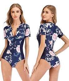 abordables -Femme Maillot Anti UV Maillot de bain 1 pièce Protection solaire UV Respirable Séchage rapide Manches Courtes Le Maillot de corps Maillot de bain Zip sur le devant Natation Surf Plage Sports nautiques