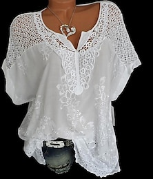 economico -Per donna Camicia Blusa Top per occhielli bianchi Nero Bianco Rosso Tinta unica Liscio Pizzo Mezza manica Informale Giornaliero Vintage Essenziale Elegante A V Standard S