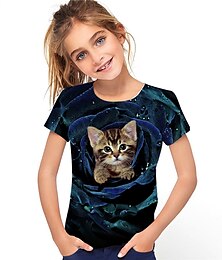 halpa -Tyttöjen 3D Eläin Kissa T-paita Lyhythihainen 3D-tulostus Kesä Kevät Aktiivinen Muoti söpö tyyli Polyesteri Lapset 3-12 vuotta ulko- Päivittäin Sisällä Normaali