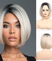 baratos -perucas brancas para mulheres peruca sintética peruca reta bob cabelo curto preto branco sintético 10 polegadas