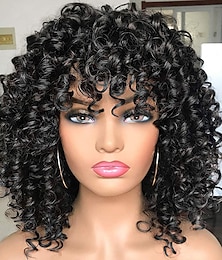 cheap -Black Wigs for Women Prettiest Afro Curly Wigs with Bangs for Women Natural Looking Black Kinky Curly Wig for Daily Wear (1B Natural Black))