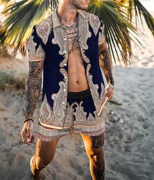 abordables -Hombre Tribal 2 piezas Conjuntos de camisas camisa hawaiana Manga Corta Pantalones cortos Cuello Vuelto Moda Hawaiano Design Exterior Vacaciones Playa Impresión 3D Abotonar Verano Primavera Azul