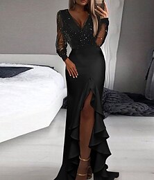 levne -Dámské Dlouhé šaty Maxi šaty Černé šaty Šaty na párty Šaty pro návrat domů Koktejlky Módní Zralý Elegantní šaty Zimní šaty Dovolená Párty Běžný Čistá barva Dlouhý rukáv Do V Černá Jaro Podzim Zima