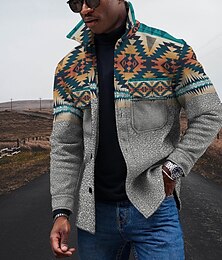 cheap -Men's Geometric Tribal Ethnic Collared Shirt Shirt Jacket Overshirt Long Sleeve Vintage Streetwear Ethnic Style Outdoor Daily Going out Summer Spring Turndown Pocket Print Yellow Pink Blue Purple
