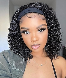 economico -parrucche nere per le donne parrucche per capelli con fascia a onde profonde per le donne, parrucche sintetiche da 12 pollici con onde d'acqua corte e ricci neri con fascia (senza fascia colorata)