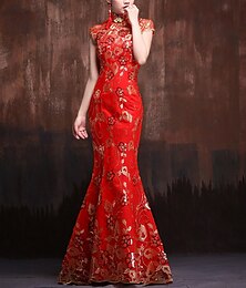abordables -robe de soirée sirène robe vintage invité de mariage soirée formelle longueur au sol manches courtes col haut satin avec robe brodée de paillettes pour impressionner 2025