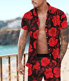 levne -pánská košile set krátký rukáv topy na knoflíky květinový potisk růže turndown červená venkovní ležérní móda ležérní havajská