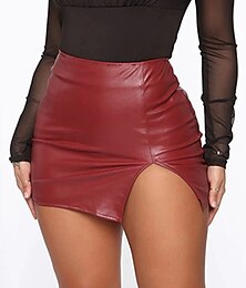 cheap -Women's Pencil Bodycon Mini Skirts Split Shiny Metallic Solid Colored Night out&Special occasion Date Summer PU Faux Leather Sexy Black Wine