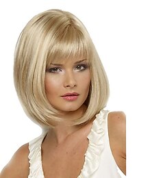 economico -parrucca bionda caschetto parrucca sintetica dritta caschetto dritto con frangia parrucca bionda corta bionda capelli sintetici donna resistente al calore parte laterale bionda