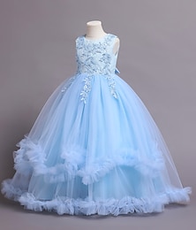 Χαμηλού Κόστους -παιδικό κοριτσίστικο φόρεμα λουλούδι αμάνικο performance party δαντέλα χαριτωμένο πολυεστερικό φόρεμα από τούλι μέχρι το γόνατο καλοκαίρι άνοιξη φθινόπωρο 4-13 ετών μπλε