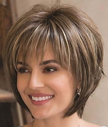 halpa -Pixie-leikkaus kerroksiset lyhyet ruskeat peruukit otsatukkailla suorat synteettiset peruukit valkoisille naisille (blondi sekoitettu ruskea)