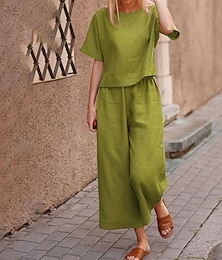 levne -dámské společenské oblečení 2dílné lněné soupravy jednobarevné společenské soupravy ke krku krátké topy s dlouhými kalhotami jaro léto