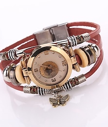 abordables -Reloj de cuero premium para mujer, reloj de pulsera triple, reloj de pulsera con encanto de mariposa, reloj de cuarzo a la moda para mujer, reloj analógico de cuarzo informal