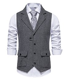abordables -Hombre Chaleco Boda Fiesta / Noche retro de la vendimia Primavera Otoño Bolsillo Poliéster Mantiene abrigado Color sólido Botonadura Simple Ajuste regular Azul Marino Verde Oscuro Café Gris Chaleco