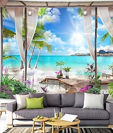 baratos -janela paisagem parede tapeçaria arte decoração cobertor cortina pendurada casa quarto sala de estar decoração coqueiro mar oceano praia