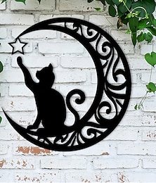 voordelige -metalen kat en maan wanddecoratie, kat kunst silhouet decor kat en maan metalen wanddecoratie, 3d kat sculptuur retro metalen uitgesneden ontwerp plaque ambachten