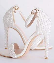 abordables -Zapatos de boda para mujer, para novia, dama de honor, tacón de aguja con perlas, piel sintética, punta abierta, tacón alto con tiras, zapatos de tacón clásicos, blanco y beige
