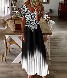 abordables -Robe Maxi Femme Robe Décontractée Robe Swing Robe Longue Noire Manches Courtes Imprimé Géométrique Printemps Été Col en V Décontractée Coupe Lâche 2023 S M L XL XXL 3XL