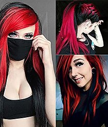 economico -Parrucca Lunga Rossa Nera Capelli Sintetici Lisci Resistenti Al Calore Frangia Laterale Parrucca Donna Parrucche Halloween