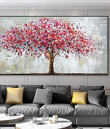 baratos -Mintura pintura a óleo artesanal em tela decoração de arte de parede moderna imagem de árvore vermelha abstrata para decoração de casa rolada sem moldura pintura não esticada