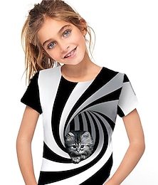 halpa -Tyttöjen 3D Eläin Kissa T-paita Lyhythihainen 3D-tulostus Kesä Kevät Aktiivinen Muoti söpö tyyli Polyesteri Lapset 3-12 vuotta ulko- Päivittäin Sisällä Normaali