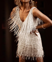 Χαμηλού Κόστους -Δροσμός 20ετών 1920 Κοκτέιλ Φόρεμα Vintage Φόρεμα Φανελάκι φόρεμα Φορέματα Χορός μεταμφιεσμένων Μέχρι το γόνατο Το Great Gatsby Γυναικεία Πούλιες Φούντα Πούλια Φούντα Χριστούγεννα