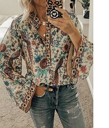 cheap -Women's Shirt Blouse Yellow Pink Dusty Rose Graphic Floral Button Print Long Sleeve Daily Holiday Vintage Boho Streetwear Round Neck Regular Boho S