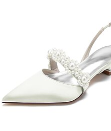 cheap -Women's Wedding Shoes Plus Size Pearl Flat Heel Pointed Toe Elegant Satin Elastic Band Wine Black White