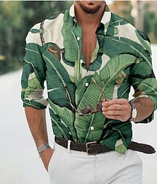 preiswerte -Herren Blätter Tropische Pflanzen Hemd Hawaiihemd Sommerhemd Aloha-Shirt Langarm Hemd Umlegekragen Modisch Designer Brautkleider schlicht Urlaub Täglich Festtage Hellgrün Rosa Dunkelgrün 3D-Druck S M