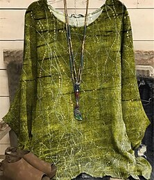 abordables -Blusa de Mujer de Punto Estampado de Hojas Manga en Campana Verde Brillante Casual Bohemia Cuello Redondo Corte Oversized Primavera Verano
