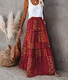 cheap -Women's Skirt Swing Long Skirt Bohemia Maxi Skirts Drawstring Print Graphic Solid Colored Causal Vacation Spring & Summer Polyester Vintage Boho Red Blue Purple