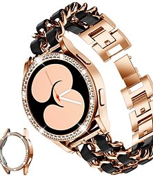 رخيصةأون -حزام إلى Samsung Galaxy Watch 4 40/44mm Watch Active 2 40/44mm سلسلة غير قابلة للصدأ بحزام جلدي إستبدال حزام بلينغ الماس ترف سوار مجوهرات معصمه