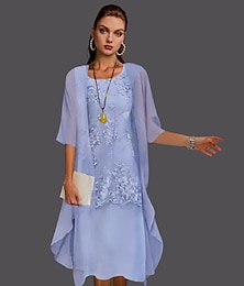 cheap -Two Piece Sheath / Column Mother of the Bride Dress Wedding Guest Elegant Jewel Neck Tea Length Chiffon Lace Sleeveless Jacket Dresses with Appliques 2024