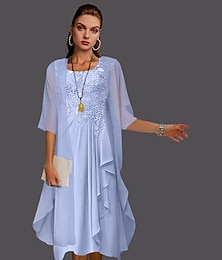 cheap -Two Piece A-Line Mother of the Bride Dress Wedding Guest Elegant Scoop Neck Knee Length Chiffon Lace Sleeveless Jacket Dresses with Pleats Appliques 2024