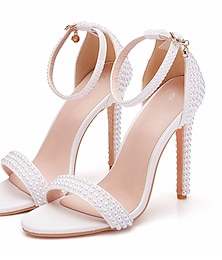 billige -kvinders bryllup sko til brud kvinder brudepige perle stilet imiteret læder åben tå stropper høj hæl klassiske pumps hvid beige