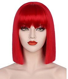 economico -parrucca rossa delle donne breve parrucca bob rossa con la frangetta aspetto naturale parrucca sintetica morbida parrucca carina festa cosplay halloween parrucche da 12 pollici festa di natale