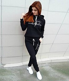 baratos -Mulheres Quente Esportes Moletom Conjuntos de calças Corredores Calças Manga Longa Com Capuz Gráfico Com Cordão Imprimir Ao ar livre Casual Preto Rosa Vermelho Outono & inverno Normal