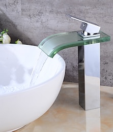 billige -krom vandfaldshane - håndvaskhane med glas - etgrebs blandingsbatteri til badeværelsesvaske