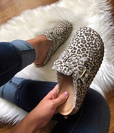 olcso -Women's Clogs Vintage Clogs Daily Walking Leopard Summer Flat Heel Round Toe Canvas Loafer Black / White Leopard Black / Beige