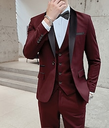 voordelige -Dark Grey Burgundy Men's Prom Suits Wedding Party Ceremony Tuxedos 3 Piece Shawl Collar Solid Color Standard Fit Single Breasted One-button 2024