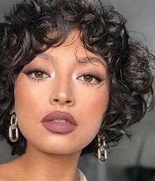 economico -parrucca di capelli umani ricci con frangetta nero morbido da donna facile da indossare senza cappuccio capelli brasiliani da donna nero naturale #1b 8 pollici festa / sera quotidiano abbigliamento quotidiano