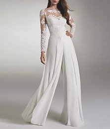 cheap -Hall Simple Wedding Dresses Jumpsuits Illusion Neck Long Sleeve Floor Length Chiffon Bridal Gowns With Appliques 2024