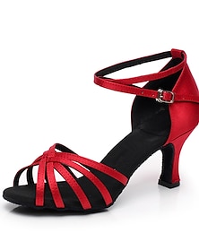 abordables -Mujer Zapatos de Baile Latino Salón Zapatos de Salsa Baile en línea Interior Entrenamiento Profesional Satén Básico Tacones Alto Un Color Tacón Carrete Hebilla Correa cruzada Almendra Rojo Negro