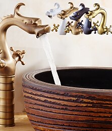 economico -rubinetto miscelatore per lavabo da bagno vintage, rubinetti per lavabo mono lavabo classico centro in ottone antico due maniglie rubinetto dell'acqua monoforo con tubo flessibile caldo freddo